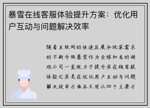 暴雪在线客服体验提升方案：优化用户互动与问题解决效率